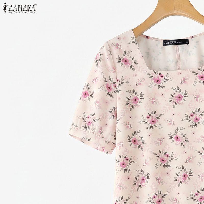 ZANZEA Women Elegant Floral Print Casual Square Collar Summer Short Sleeve Dress