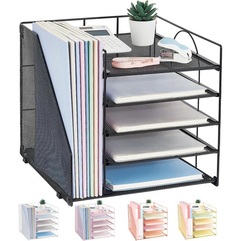 5-Tier Paper Letter Tray Organizer with File Holder - Office Supplies Desktop Organizer