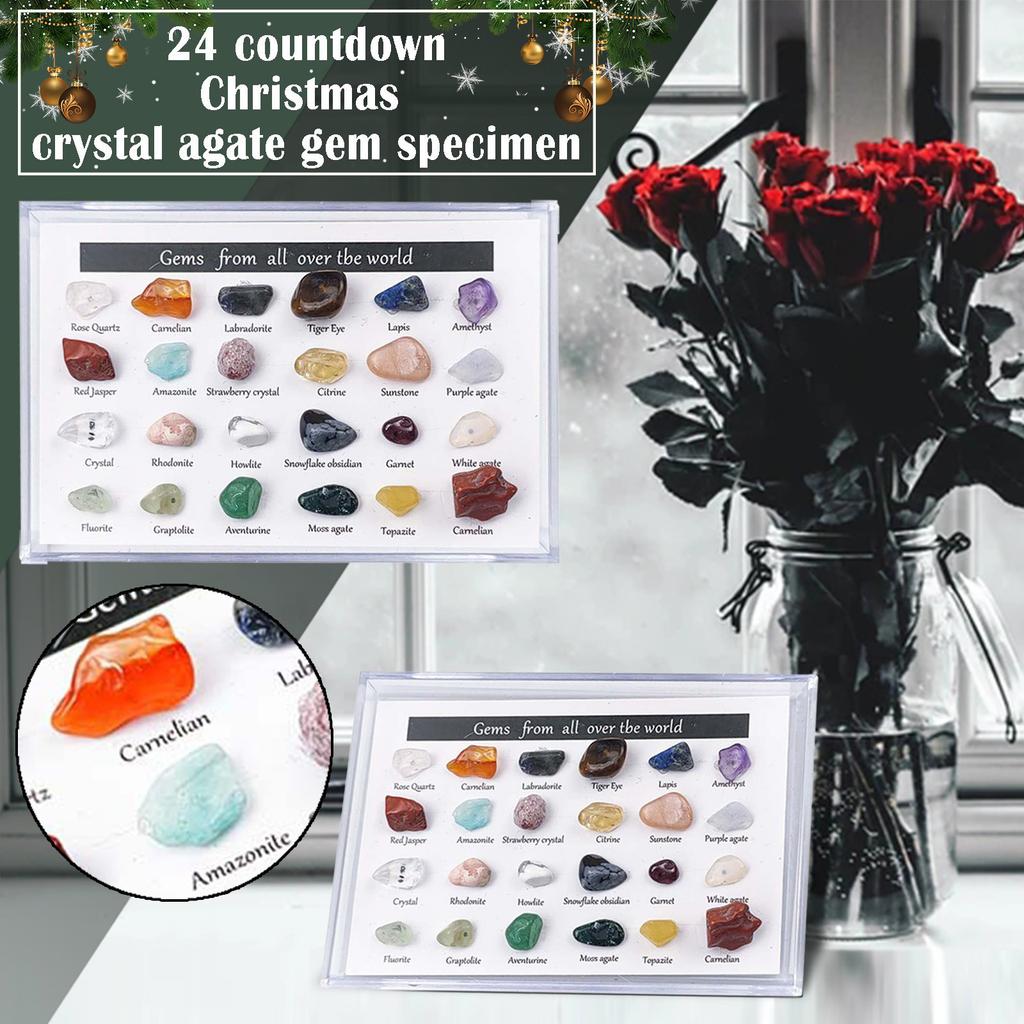 24Pc Rock & Mineral Collection with Collector Box/Display Case, ID Sheet, Gemstone Crystal Kit, STEM Geology Science Education