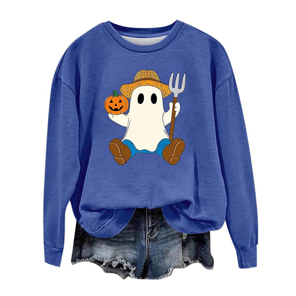 Women's Fashion Long Sleeve Halloween Print Round Neck Sweatshirt Top