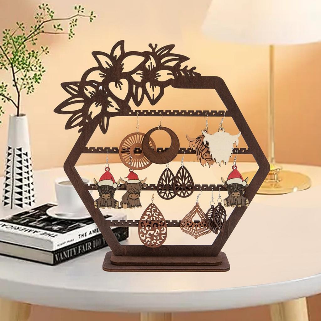 Earring Display Holder Hexagonal Earring Organizer Stand Hexagon Shaped Wooden Earring Display Stands Desktop Jewelry Organizer Holder