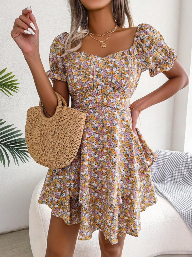 Abito Stampato con Scollo Quadrato Vita Alta Abito Elegante da Donna Manica Corta Abiti Ampi Abito Casual