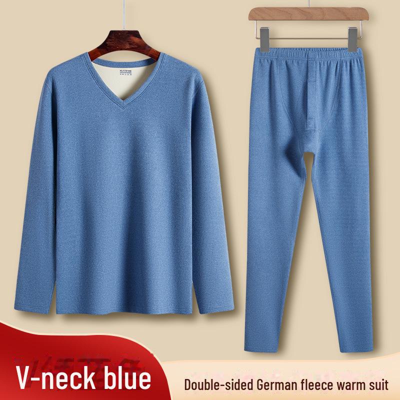 Qiweilang Men's Two-Color German Velvet Thermal Suit, No-Pill V-Neck & Round Neck, Autumn Underwear & Pants
