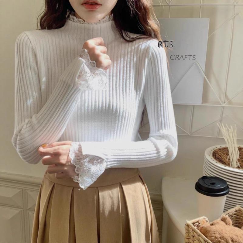 Chic and Pretty Semi-turtleneck Lace Sweater with Long Sleeves and Knitted Bottoming Shirt Women's Top