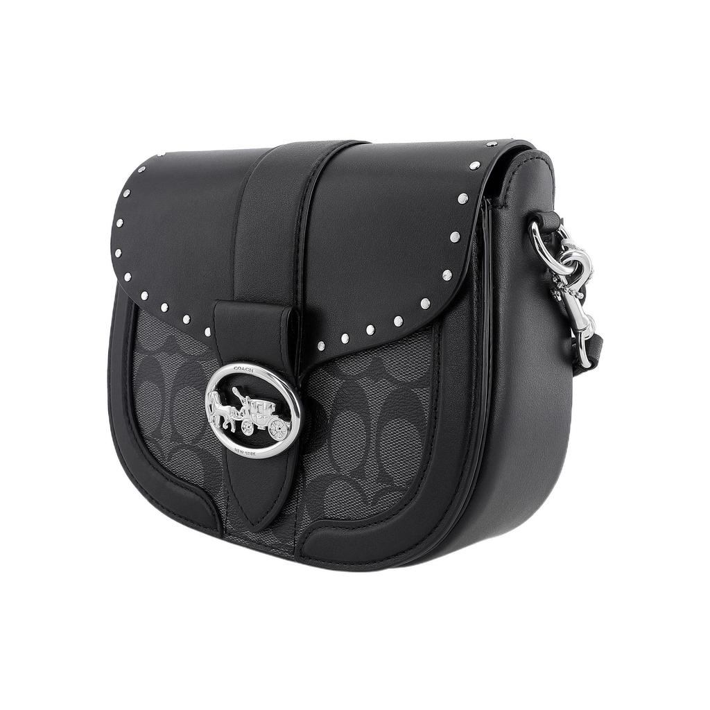 Coach Georgie 21 Color Block Studded Calfskin Saddle Bag Women Shoulder Bag Black C3593-SVS3L