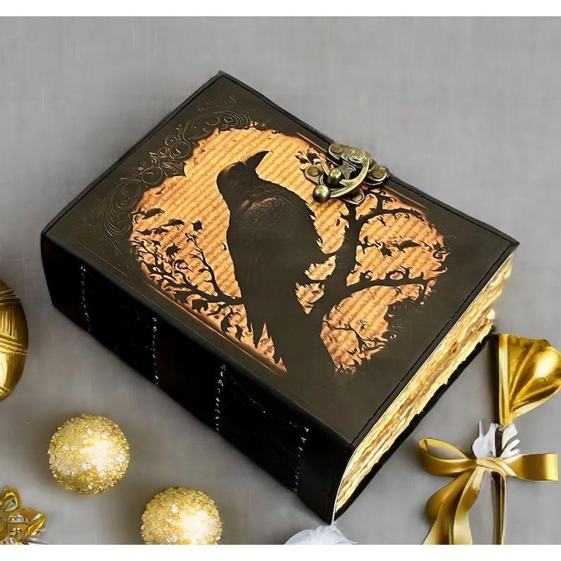 Grimoire Vintage Leather Journal – Raven Grimoire Print, Gothic Spell Book of Shadows, Celestial Witchcraft Journal Gifts