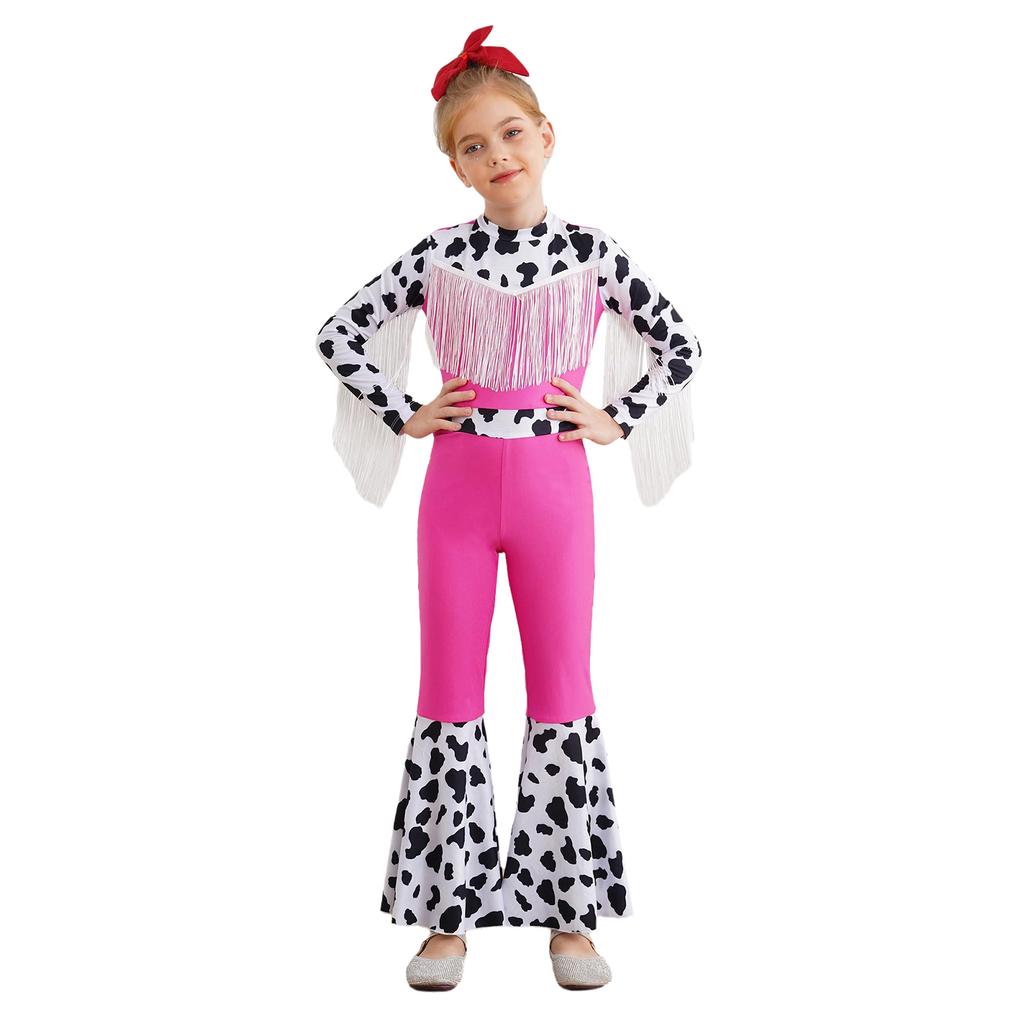 Kids Western Cowboy Costume Long Sleeve High Waist Bodysuit Fringe Cow Print Flared Jumpsuit Halloween Outfit