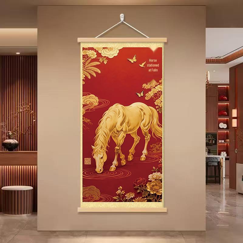2026 Chinese Horseback Success Painting: Red Plum Blossoms, Golden Horse Scroll for Living Room or Bedroom Decor