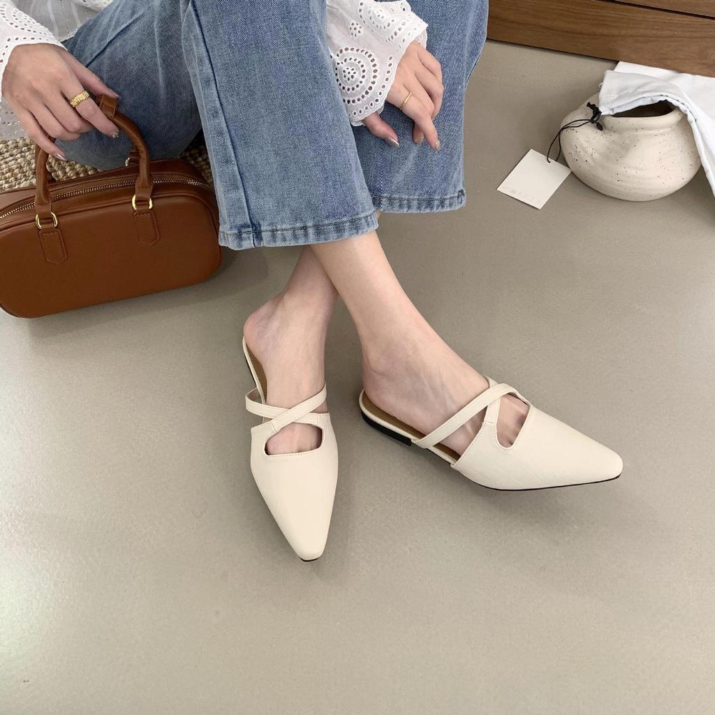 French retro flat-bottomed pointed head bag head half slippers women's shoes wear 2025 summer pointed head lazy cool slippers women