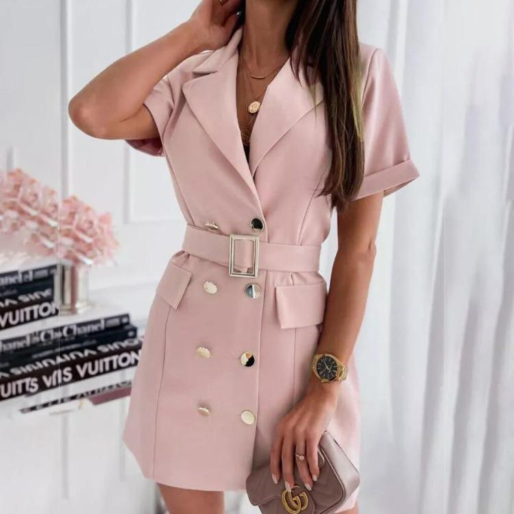 

Women Summer Casual Short Sleeve A-Line Dress Solid Color Double Breasted Suit Collar Above Knee Belt High Waist Spring Dresses L розовый