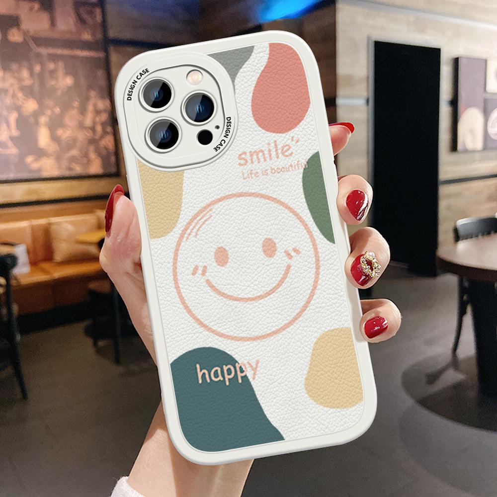 Slim Skin Feeling Cartoon Happy Smile Soft Silicone PU Leather Cover Phone Case for iPhone Samsung Huawei Honor Xiaomi Redmi OPPO Realme Vivo