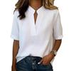 Women's Short Sleeve V Neck Stand Collar Blouse with Metal Trim Light Blue Casual Top