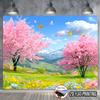 2D Bunte Schmetterlinge und Kirschblütenbäume in einer grünen Frühlingslandschaft