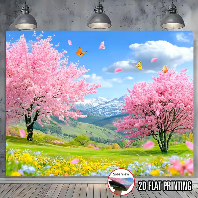 2D Colorful Butterflies and Sakura Trees in a Green Spring Landscape 47.2x31.5inch/120*80cm