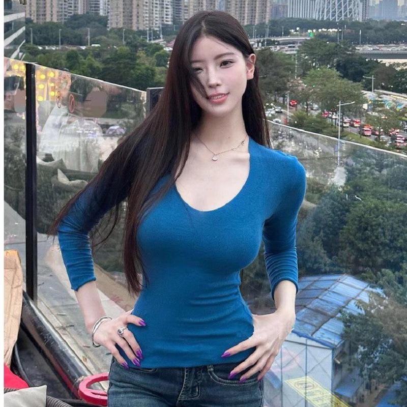 Korean Style Slimming Spicy Girl T-shirt - Autumn Long Sleeve Solid Color Top for Women 2025