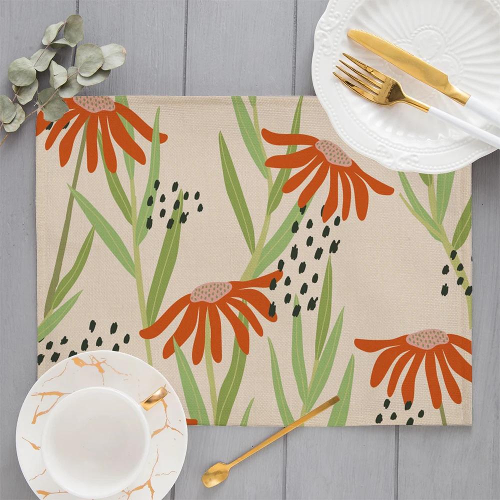 Morandi Floral Sunflower Printing Linen Placemat for Dining Table Drink Coaster Home Decoration Modern Kitchen Cup Pads