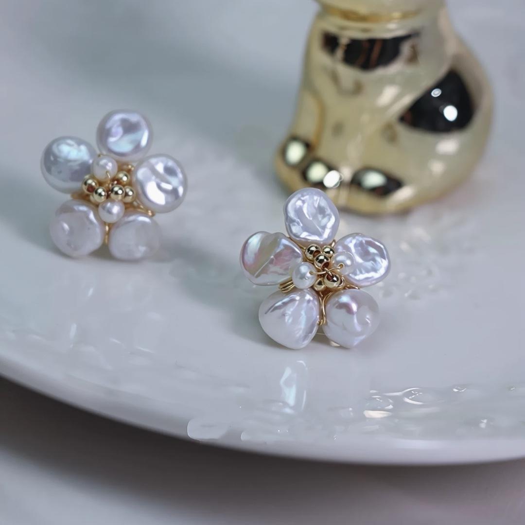 Design sense natural keshi broken silver pearl baroque stud earrings temperament sweet French flower shape earrings Silver needle