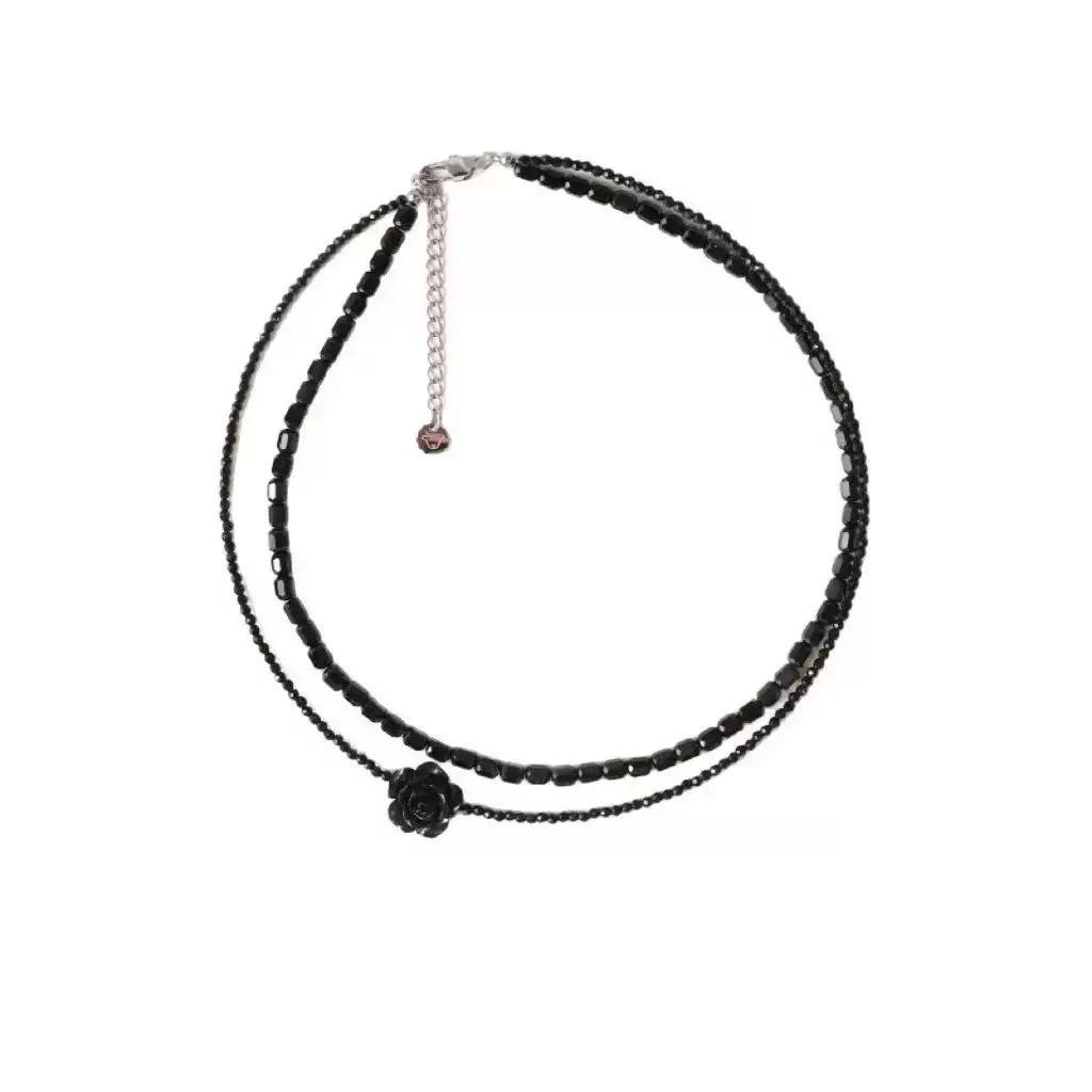 Vintage Lady Black Rose Beaded Double Layer Necklace, Minimal Elegant Clavicle Chain