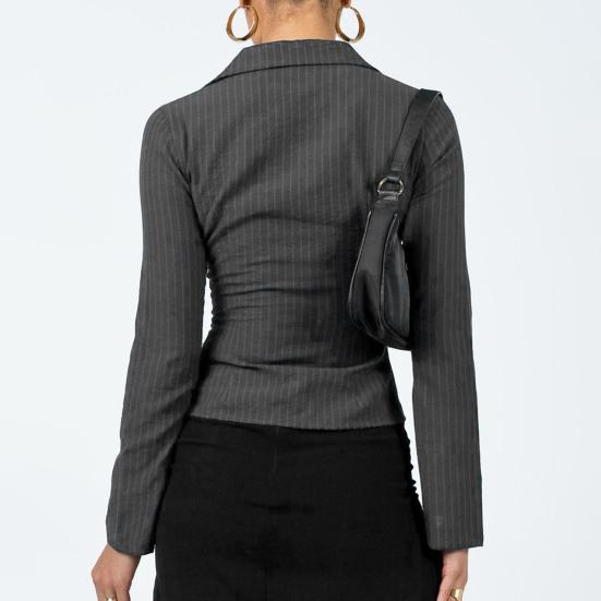 Women Shirt Lapel Long Sleeve Striped Print Shirt Buttons Placket Slim Fit Versatile Tops Daily Wear