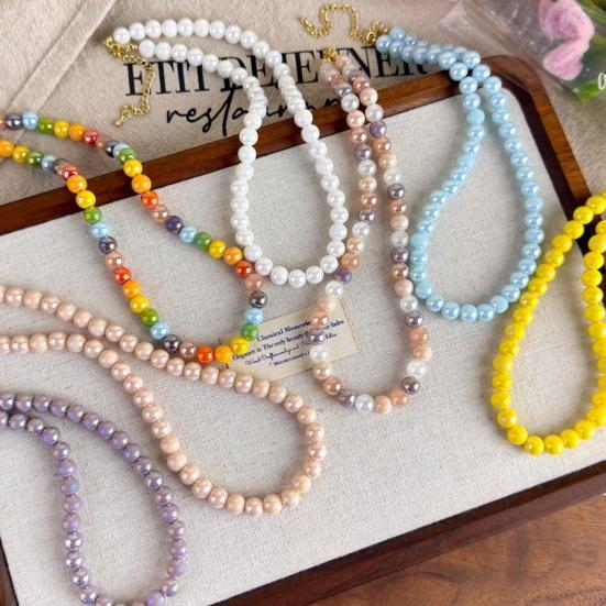 Colorful Beaded Choker Pearlescent Round Bead Necklace Boho Beaded Necklace Jewelry for Women Holiday Summer Beach Vacation