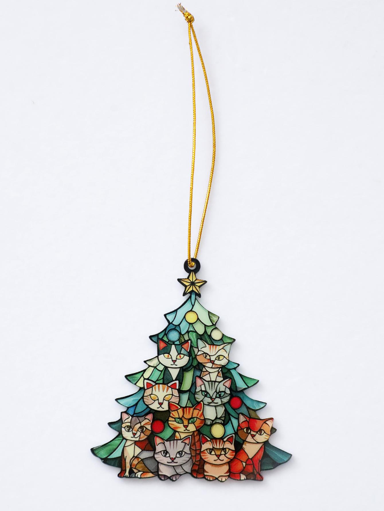 

Christmas Acrylic Cat Tree Shaped Ornament Colorful Cats Pattern Hanging Decor Festive Xmas Tree Decor Pendant for Home & Party