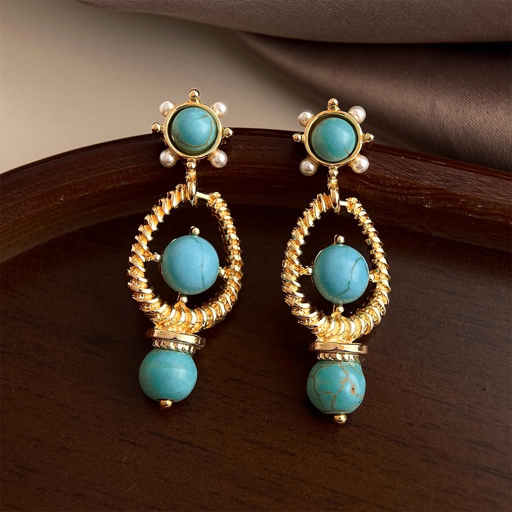 Geometrische Türkis-Perlen-Silbernadel-Ohrringe im Vintage-Stil - Retro High-End Luxus