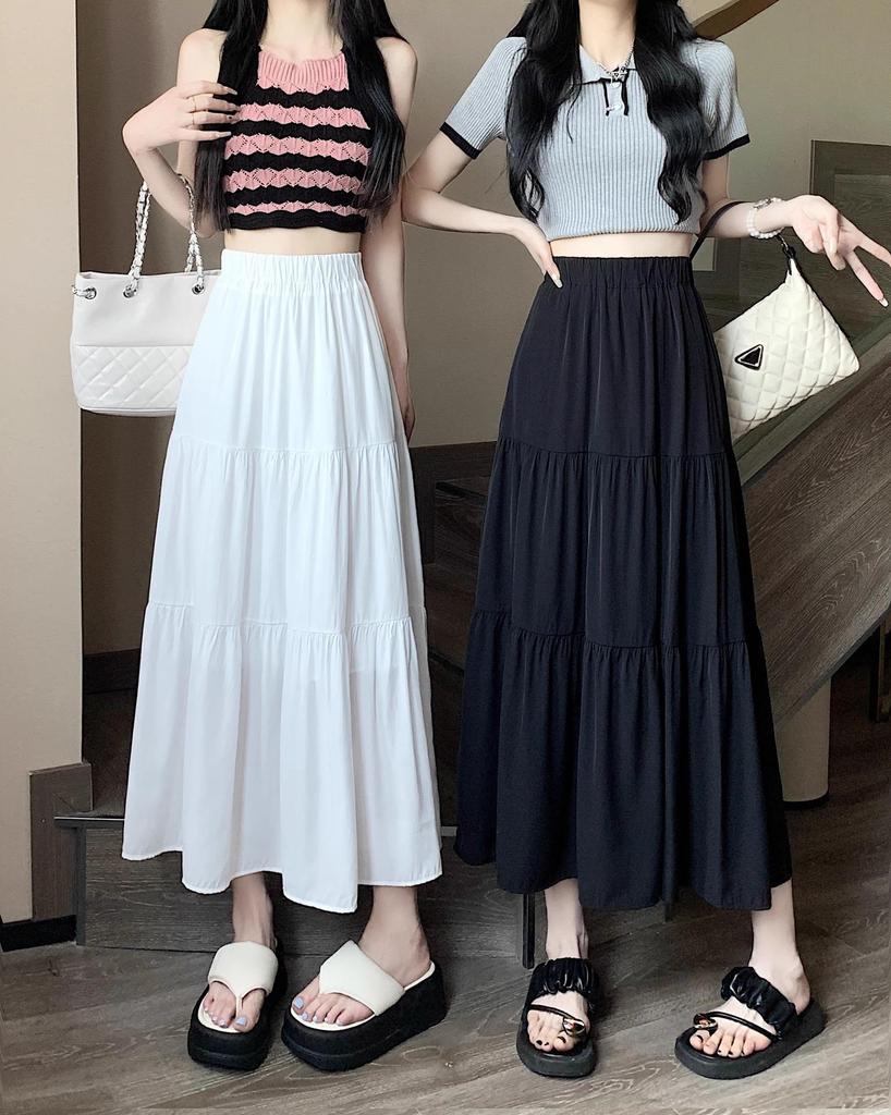 Women's High-Waist Drape Pleated A-Line Skirt - White Korean Style Midi with Hip-Covering Swing