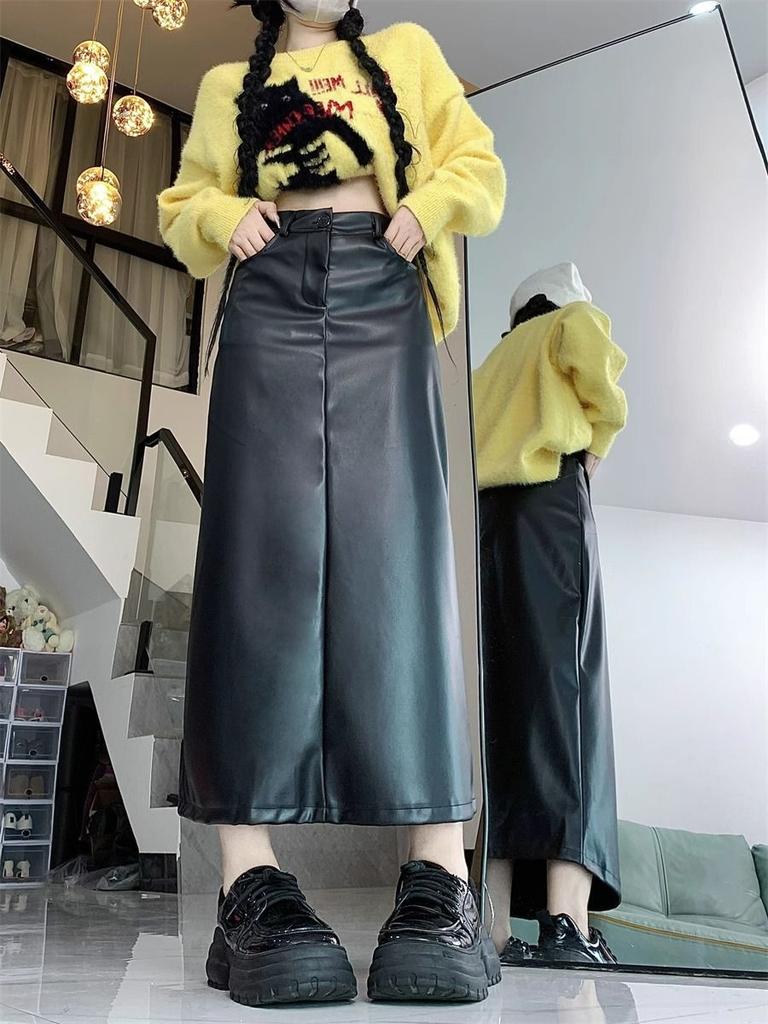 Retro pu leather skirt skirt women's large size fat mm autumn and winter new hip skirt high waist and thin meat-covering split skirt