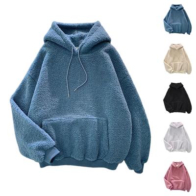 Moletom Casual Quente de Lã de Ovelha Feminino da Moda de Cor Sólida de Manga Comprida com Capuz