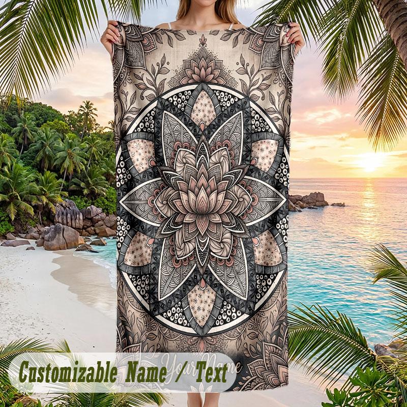 Mandala Art Cover Theme Quick Dry Beach Towel Custom Name Text Print Large Sand Resistant Towel Beach Vacation