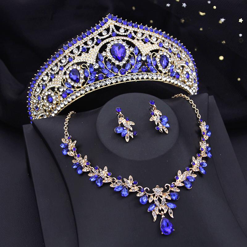 Luxury Bride Crown Jewelry Sets for Women Red Tiaras and Necklace Earrings Set Party Prom Bridal Wedding Jewelry Set Accessory