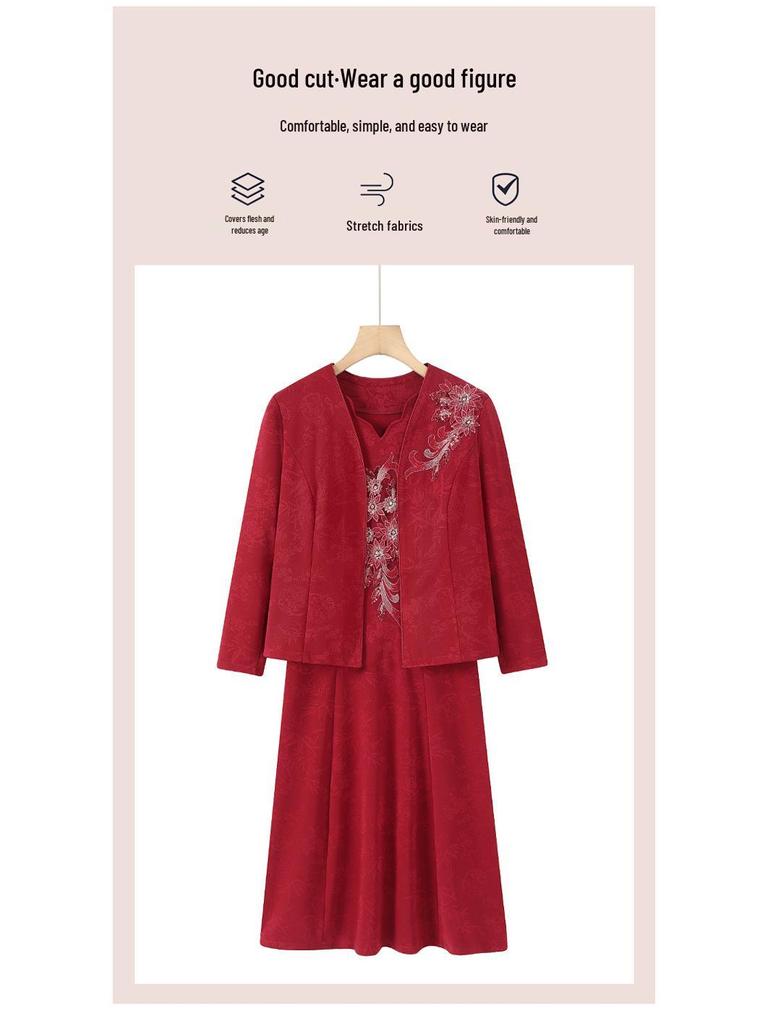 Elegant Wedding Banquet Dress Set for Mother-in-law: Fashionable Two-piece Outfit for Middle-aged and Elderly Women