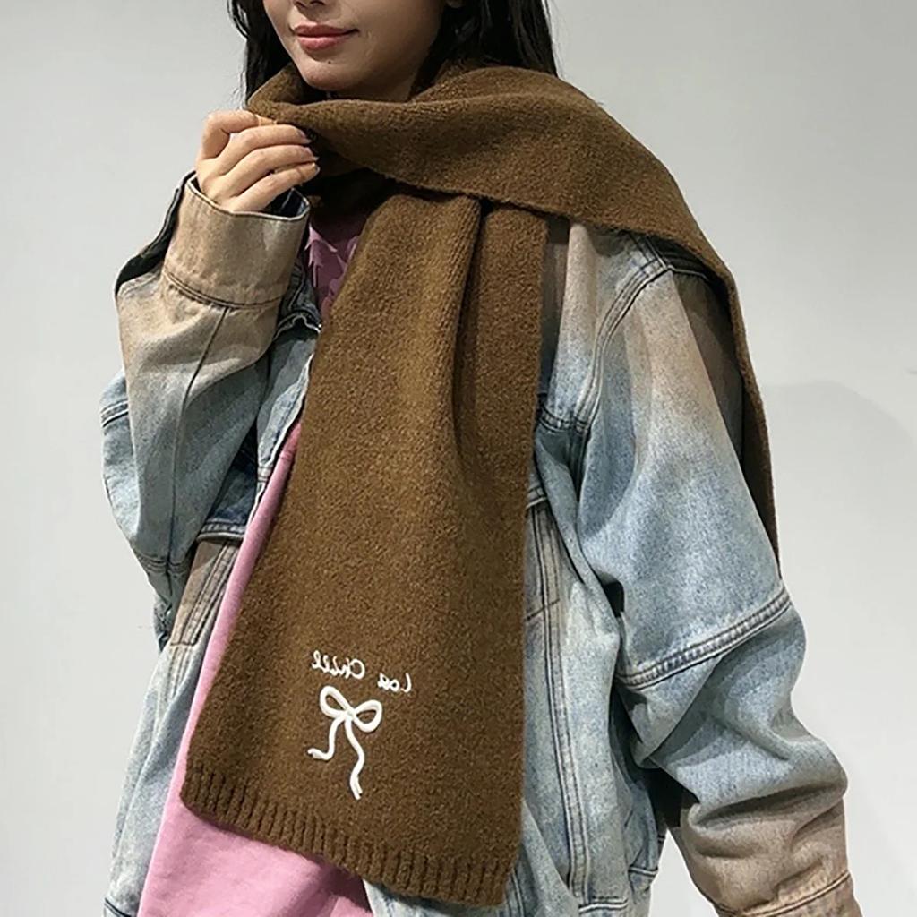 Solid Color Bow Embroidered Scarf Korean Fashion Women Sweet Autumn Winter Imitation Cashmere Knitted Scarves Thicken Soft Shawl