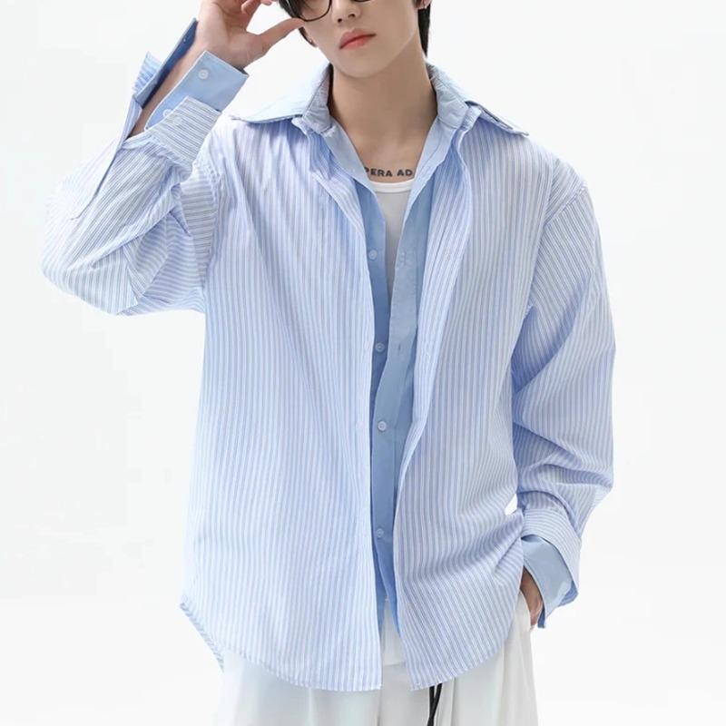 

Men s Light Blue Striped Button Down Shirt Casual Layered Look Oversized Streetwear Top M синій