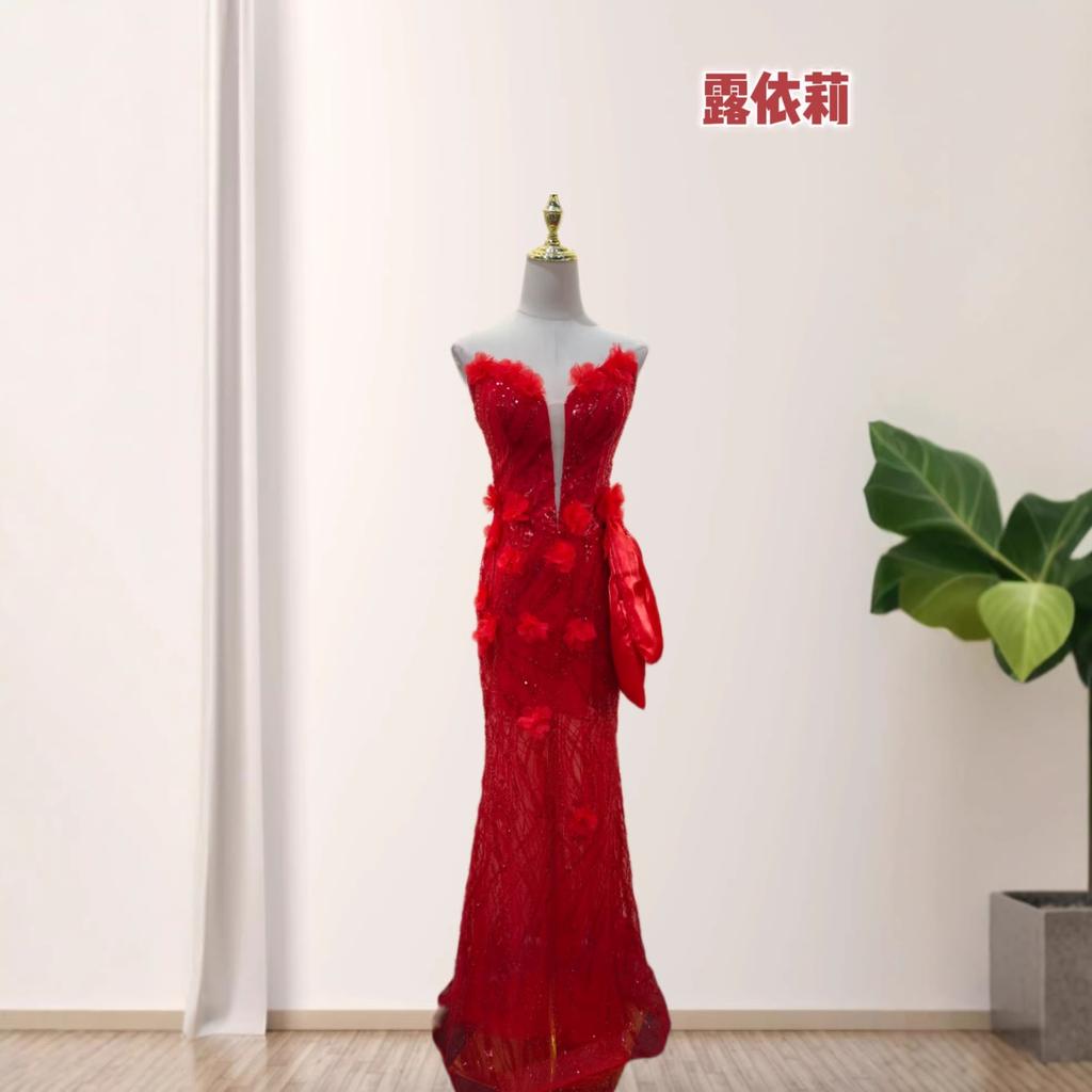European and American new sexy tube top three-dimensional flower slim hip bow party dinner long dress