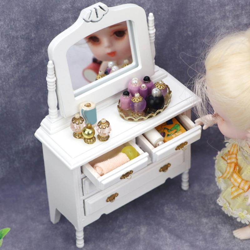 European Style Dollhouses Wardrobe Cabinet Wooden Dresser Toy For 1/12 Scale Miniature Home Decors