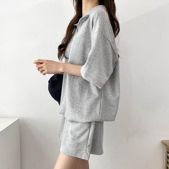 2 Pcs/Set Sweatshirt Shorts Set  Loose Solid Color Lapel Half Sleeves Pockets Elastic Waist Zipper Collar Breathable Soft Summer Tracksuit