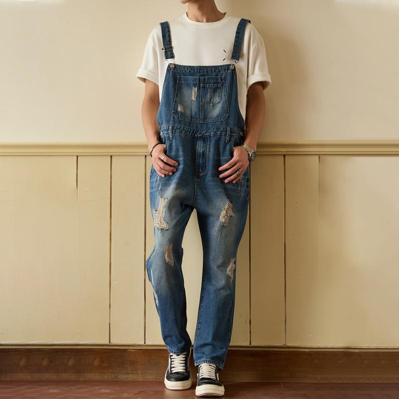 Salopette in Denim Lavato Vintage da Uomo – Salopette con Tasche e Effetto Usurato | Perfetta per Outfit Hip Hop, Skate o Casual