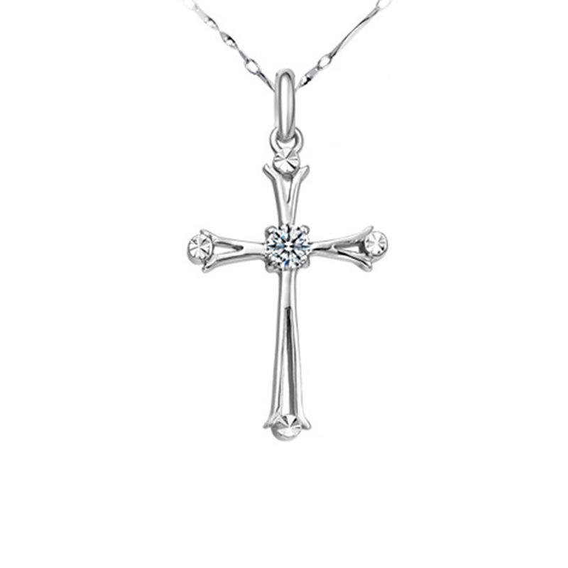 925 Sterling Silver Diamond Inlaid Cross Pendant - Women's Korean Fashion Jewelry