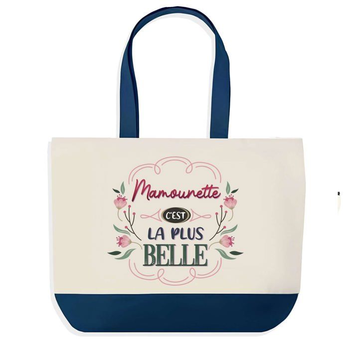 Tote bag - PLANETEE - Sac shopping fond bleu Mamounette la plus belle Maman - Coton - 40x45 cm - Bleu