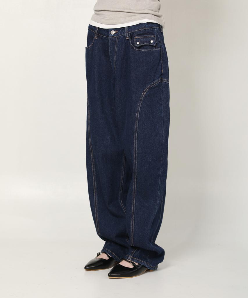 PEACE MAKER Divide Stitch Balloon Denim Pants (Indigo)