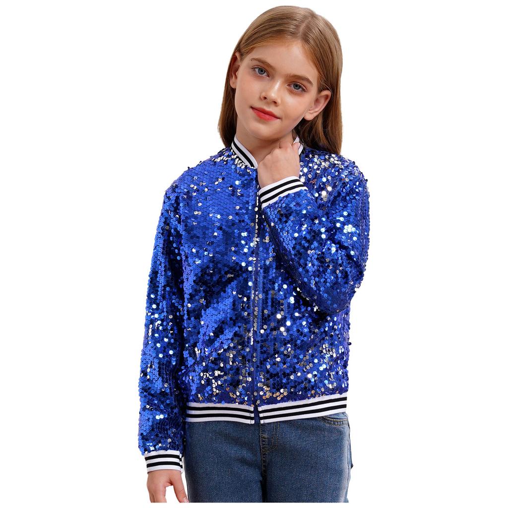 Mädchen Glitzernde Pailletten Baseballjacke Langarm Reißverschluss vorne Gestreifter Besatz Oberbekleidung Tanzparty Bomberstil Mantel