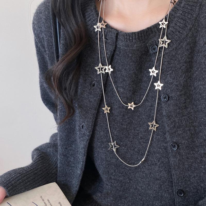 Sliver Color Hollowed-Out Five-Pointed Star Long Double-Layered Necklace For Women Temperament Personality Sweater Chain