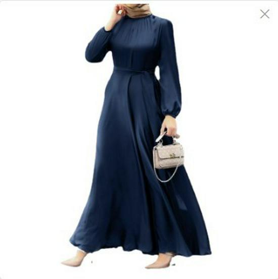 Women's Elegant Round Neck Lantern Sleeve Tie-Waist Slimming Robe Dress