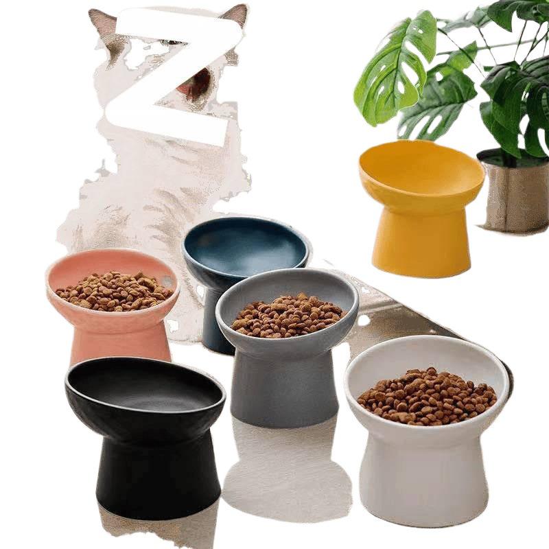 Ceramic Slanted Cat Bowl, High-Sided for Cervical Spine Protection, One-Piece Design.
