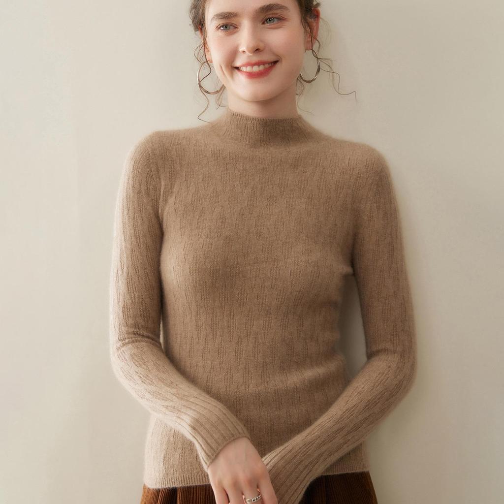 Women's Seamless Lychee Pattern Half-High Collar Wool Sweater – Soft, Glutinous Style for Autumn/Winter