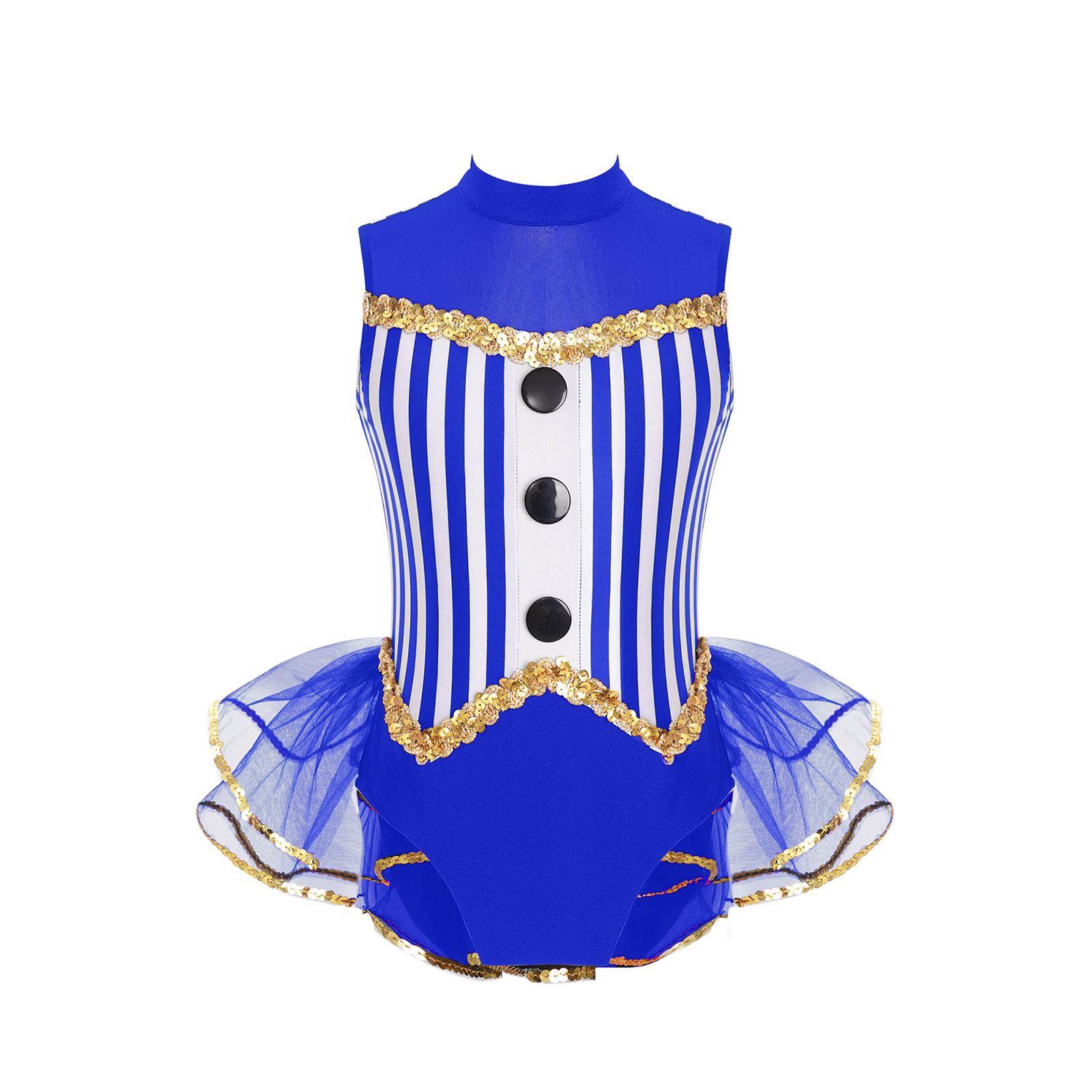 

Girls Latin Jazz Dance Costume Sequins Trim Mock Neck Open Back Striped Leotard Tulle Skirted Bodysuit 5-6 Years королівський синій колір