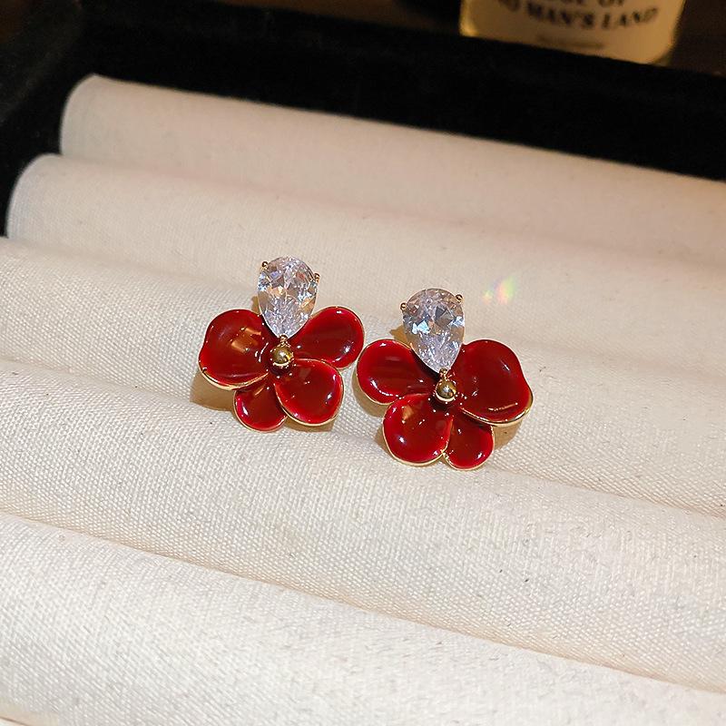 Square love red earrings literary and artistic fan temperament retro stud earrings New Year's earrings women