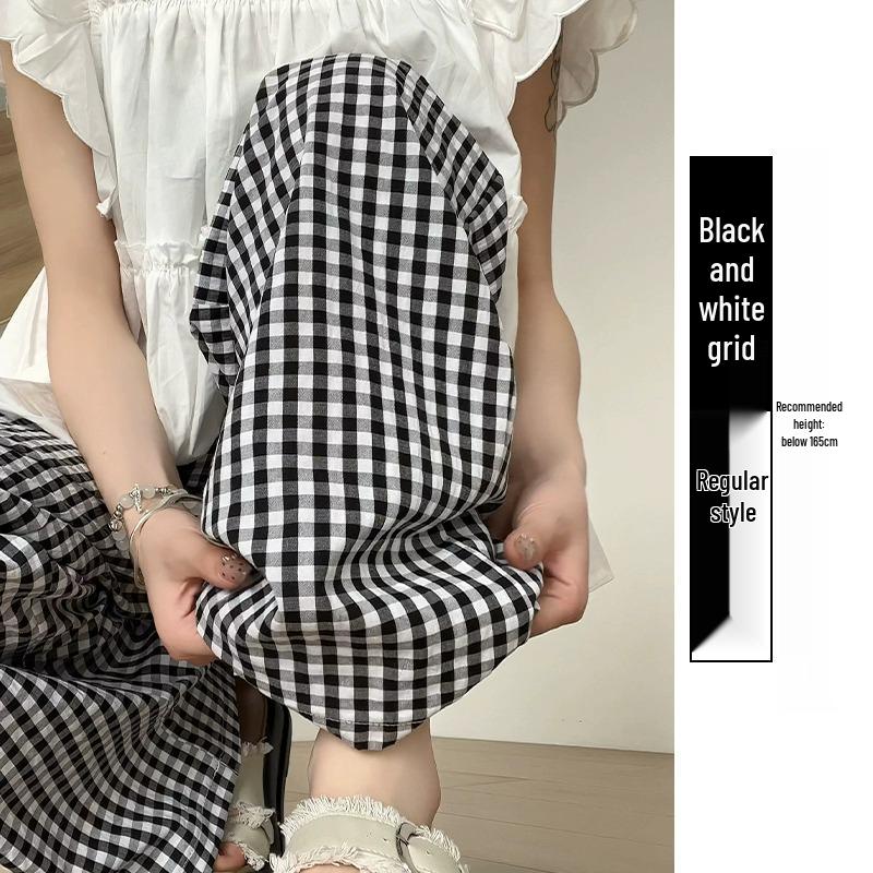 Women's Summer Plaid Color Block Drawstring Pants, Slimming and Loose Fit, Floor-Length, 145 Petite