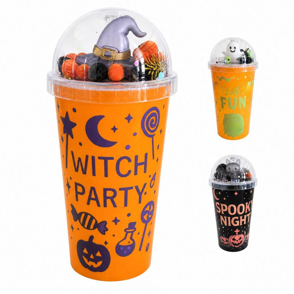oz Single Wall Plastic Cup with Straw, Light Up Halloween Cup with Cute Doll Design